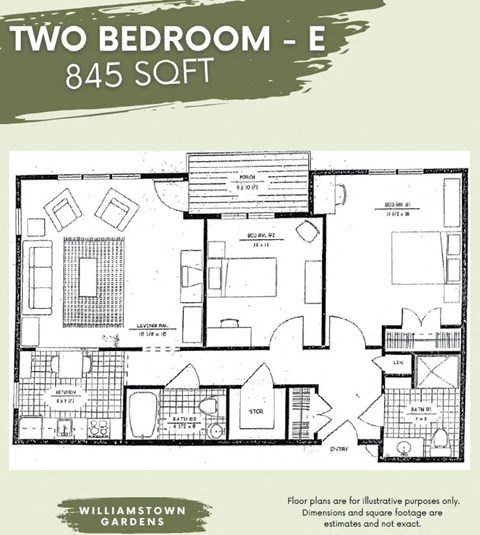 Floor plan for 2 beds, 2 baths, 845 sqft